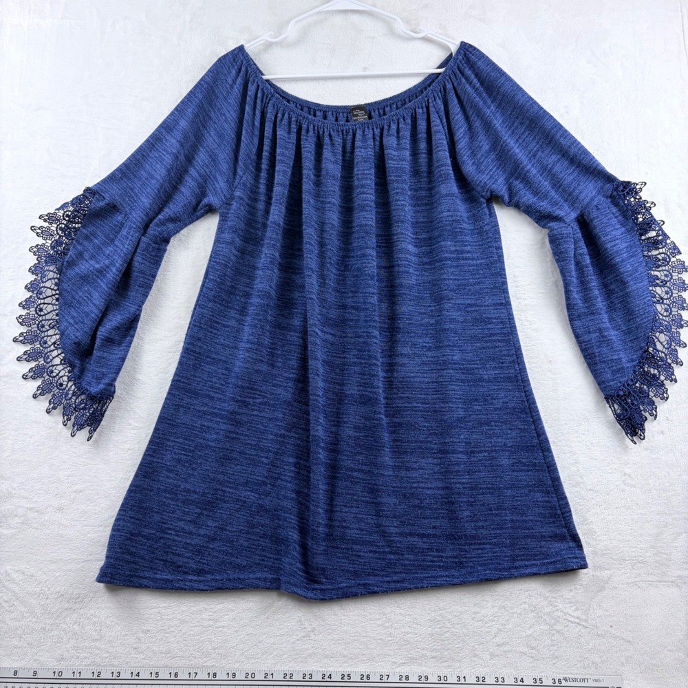 WinWin‎ Blue Tunic Top Open Sleeve Lace Trim Boho Blouse Women's L-XL